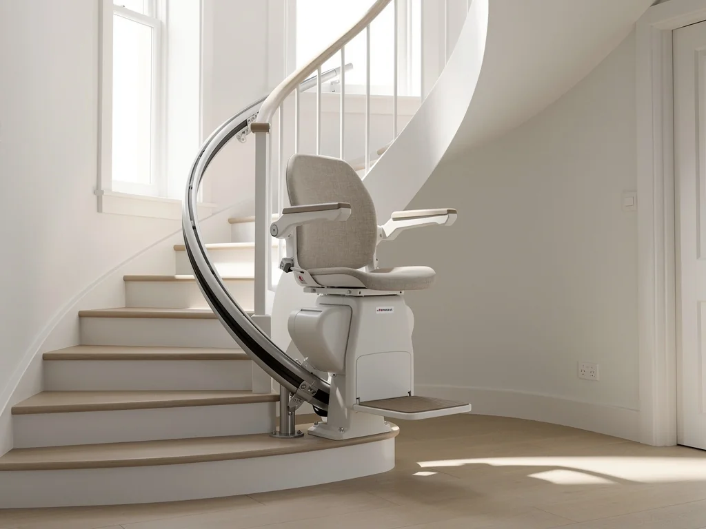 Monte-escalier tournant épousant la courbe d'un escalier avec palier