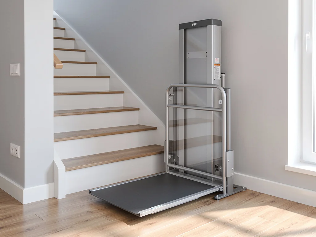 Plateforme élévatrice pour fauteuil roulant installée dans un couloir de maison