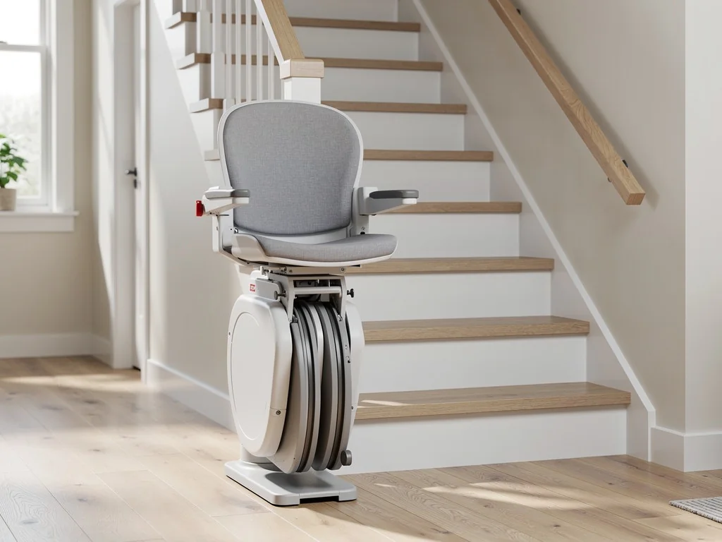 Siège pliable rangé au pied de l'escalier, marches entièrement libérées