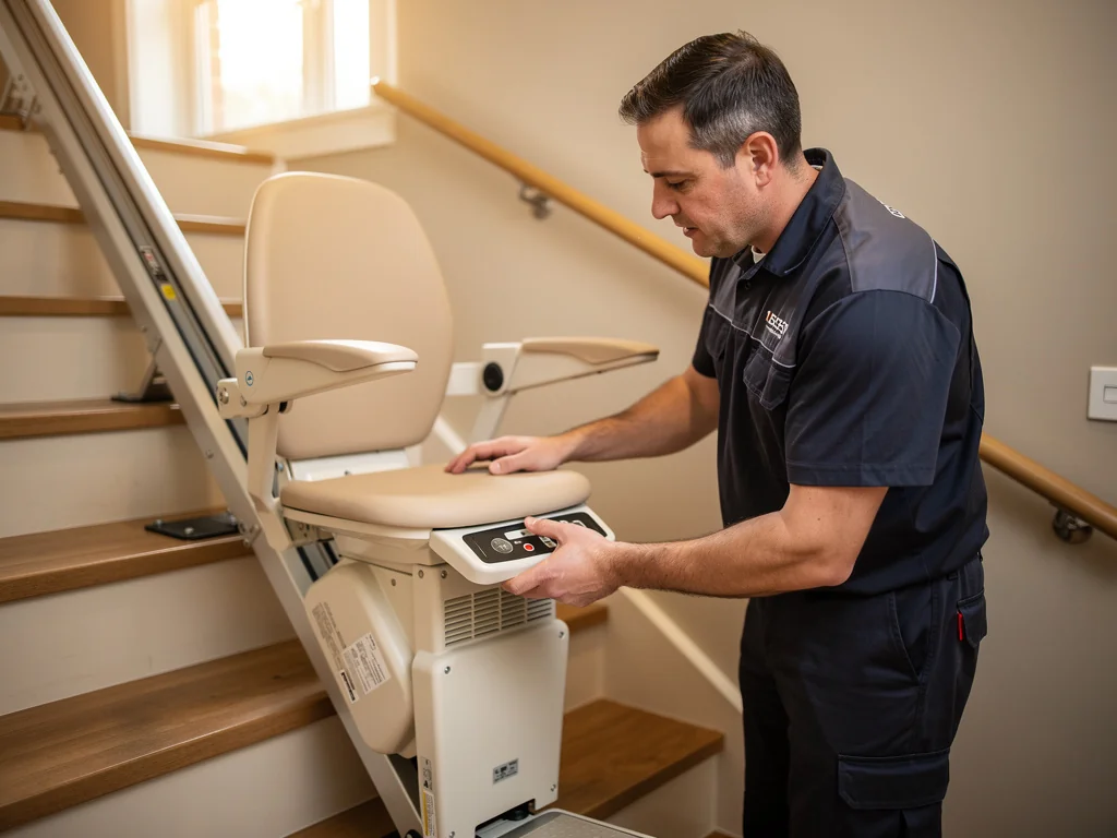 Technicien réglant un monte-escalier pendant la mise en service